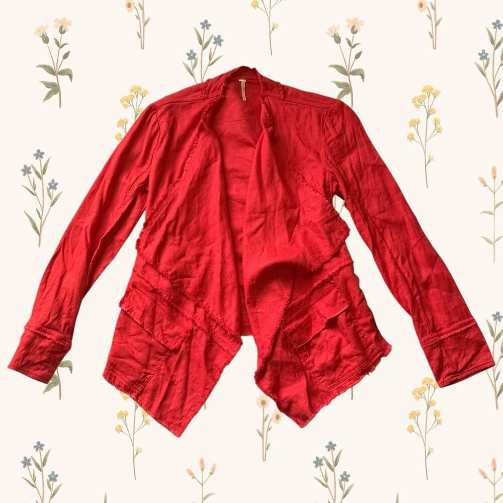Free People Tomato Red Draped Waterfall Jacket XS Raw Edge Open Front Boho